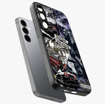 Die Young Glass Case displayed in angled mockup highlighting expressive graphic artwork with edgy aesthetic style.