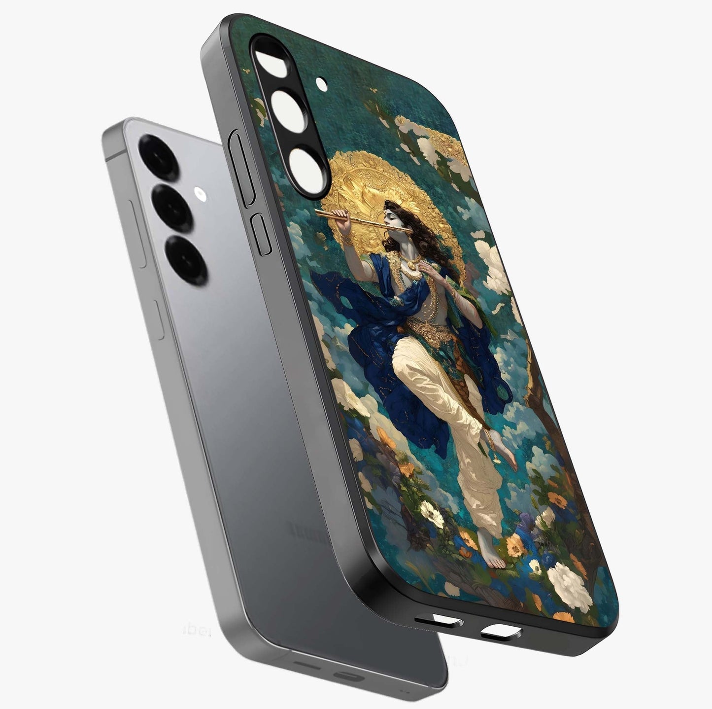 Divine Krishna Art Glass Case displayed in angled mockup highlighting spiritual Krishna illustration with devotional aesthetic.