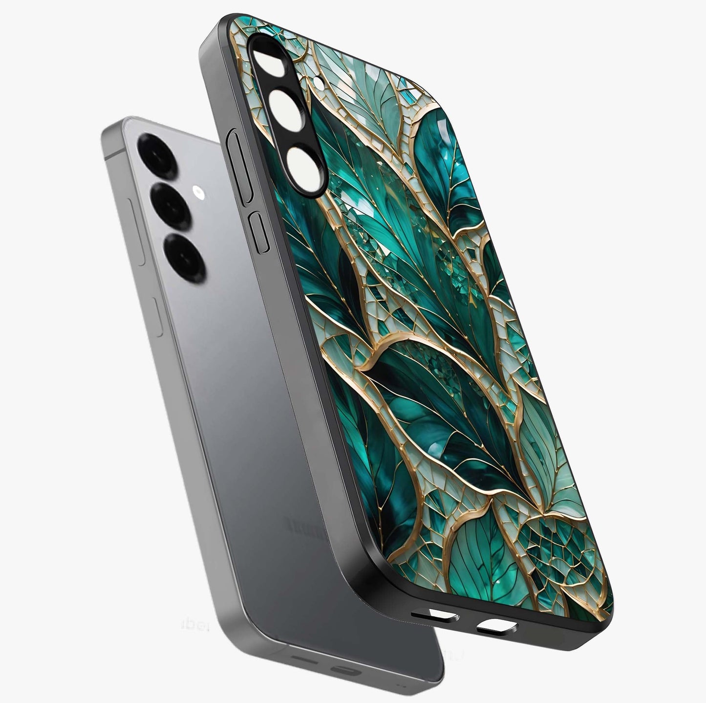 Emerald Leaf Glass Glass Case displayed in angled mockup highlighting botanical leaf illustration with elegant natural aesthetic.