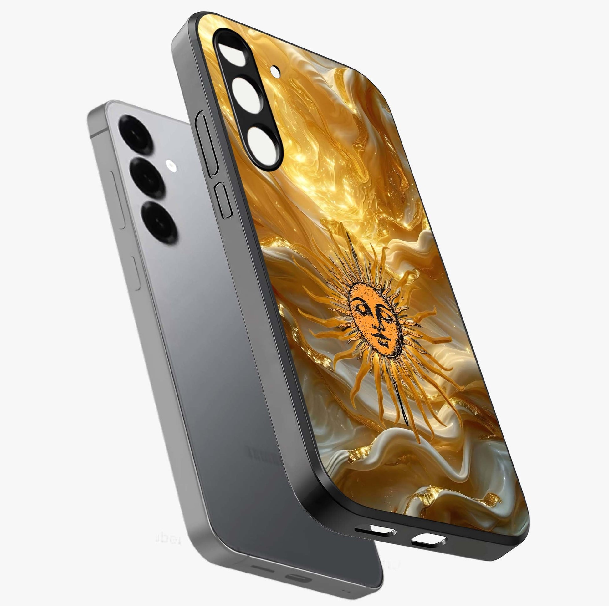 Eternal Golden Glow Glass Case displayed in angled mockup highlighting glowing golden aesthetic design with elegant style.