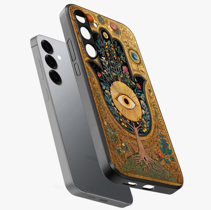 Ethereal Evil Eye Glass Case displayed in angled mockup highlighting protective evil eye symbol with spiritual aesthetic design.