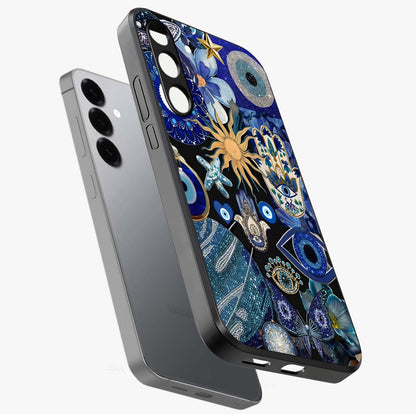 Evil Eye Charm Mix Glass Case displayed in angled mockup highlighting protective evil eye symbols with spiritual aesthetic design.