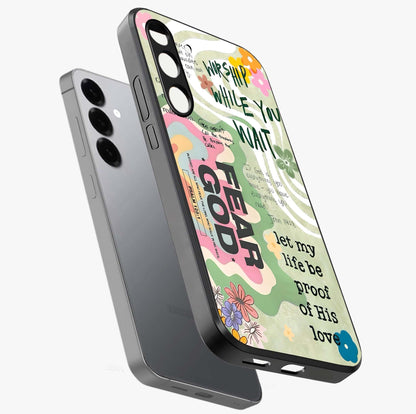 Faith Over Fear Glass Case displayed in angled mockup highlighting inspirational message design with modern aesthetic style.