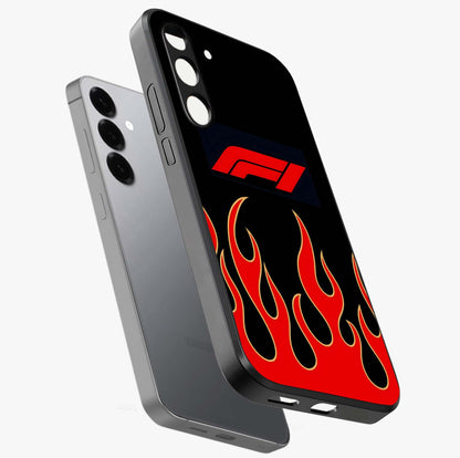 Fire F11 Glass Case displayed in angled mockup highlighting bold fire inspired graphic with energetic aesthetic style.