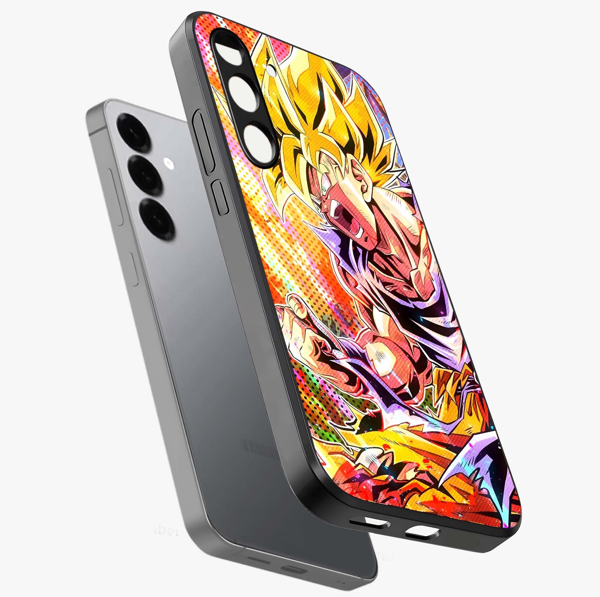 Firing Goku Glass Case displayed in angled mockup highlighting dynamic anime character design with action aesthetic.