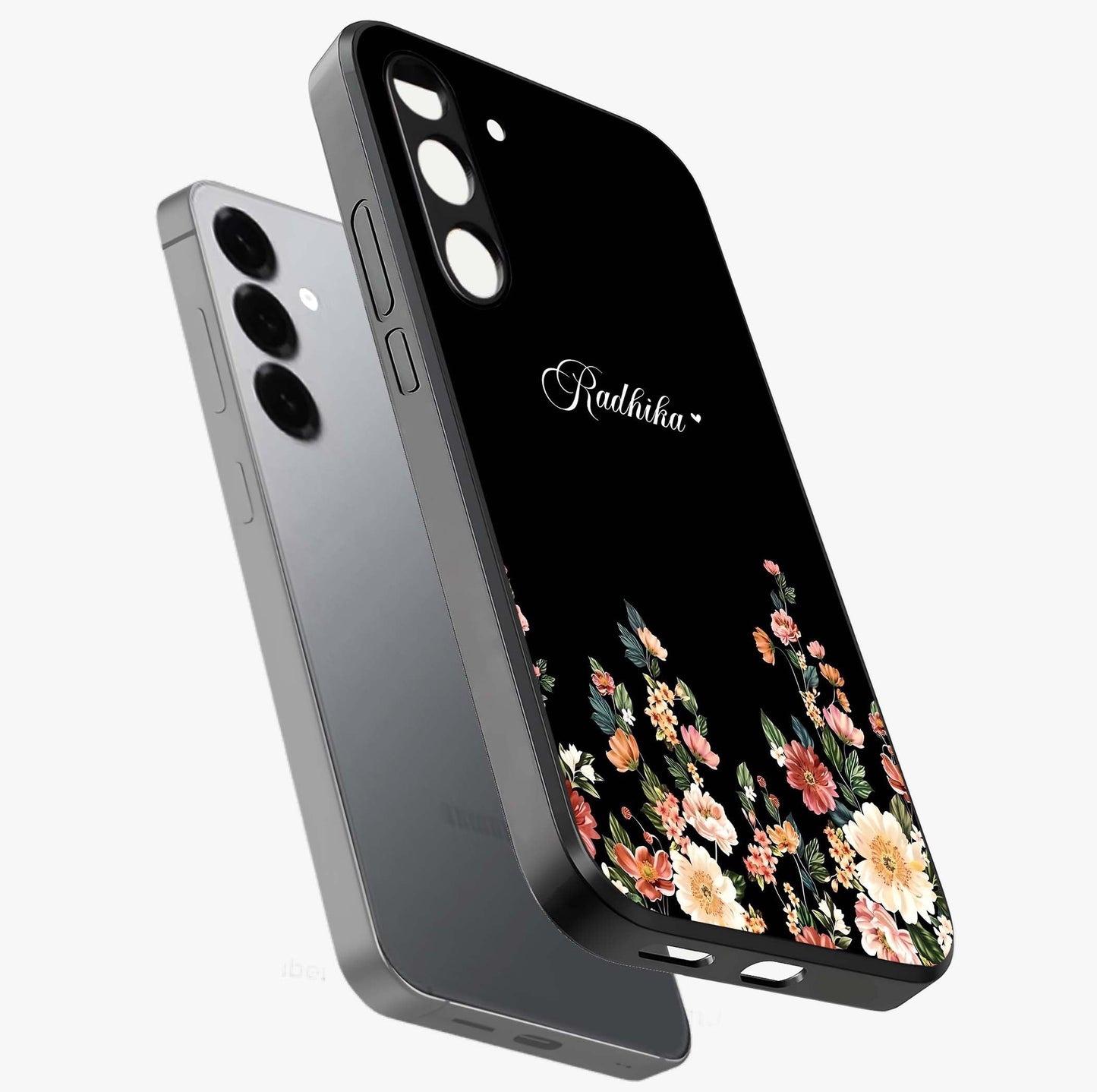 Floral Design With a Custom Personalized Name Glass Case displayed in angled mockup highlighting elegant floral pattern with custom name feature.