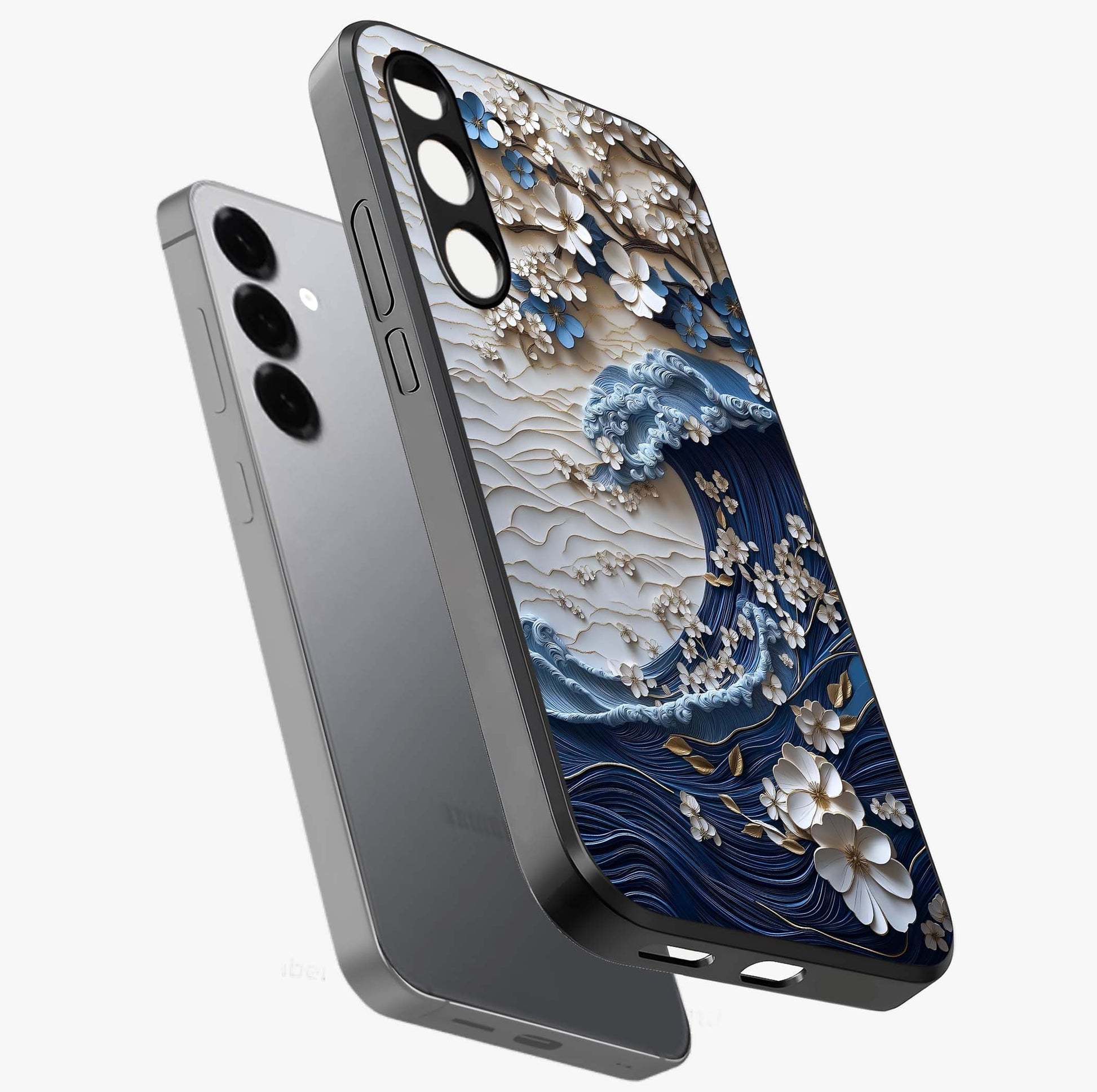 Floral Wave Origami Glass Case displayed in angled mockup highlighting geometric origami flower design with modern aesthetic style.