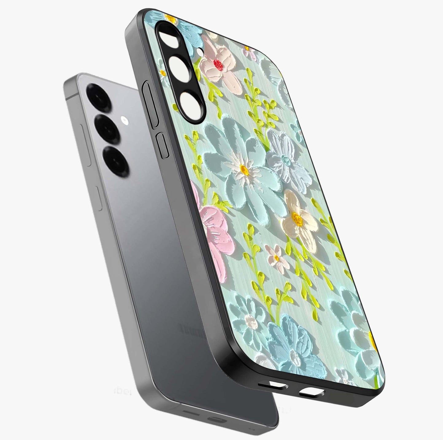 Frosted Petal Garden Glass Case displayed in angled mockup highlighting delicate flower petal design with calm garden aesthetic.
