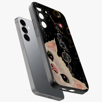 Galactic Cat Glass Case displayed in angled mockup highlighting celestial feline illustration with galaxy aesthetic style.