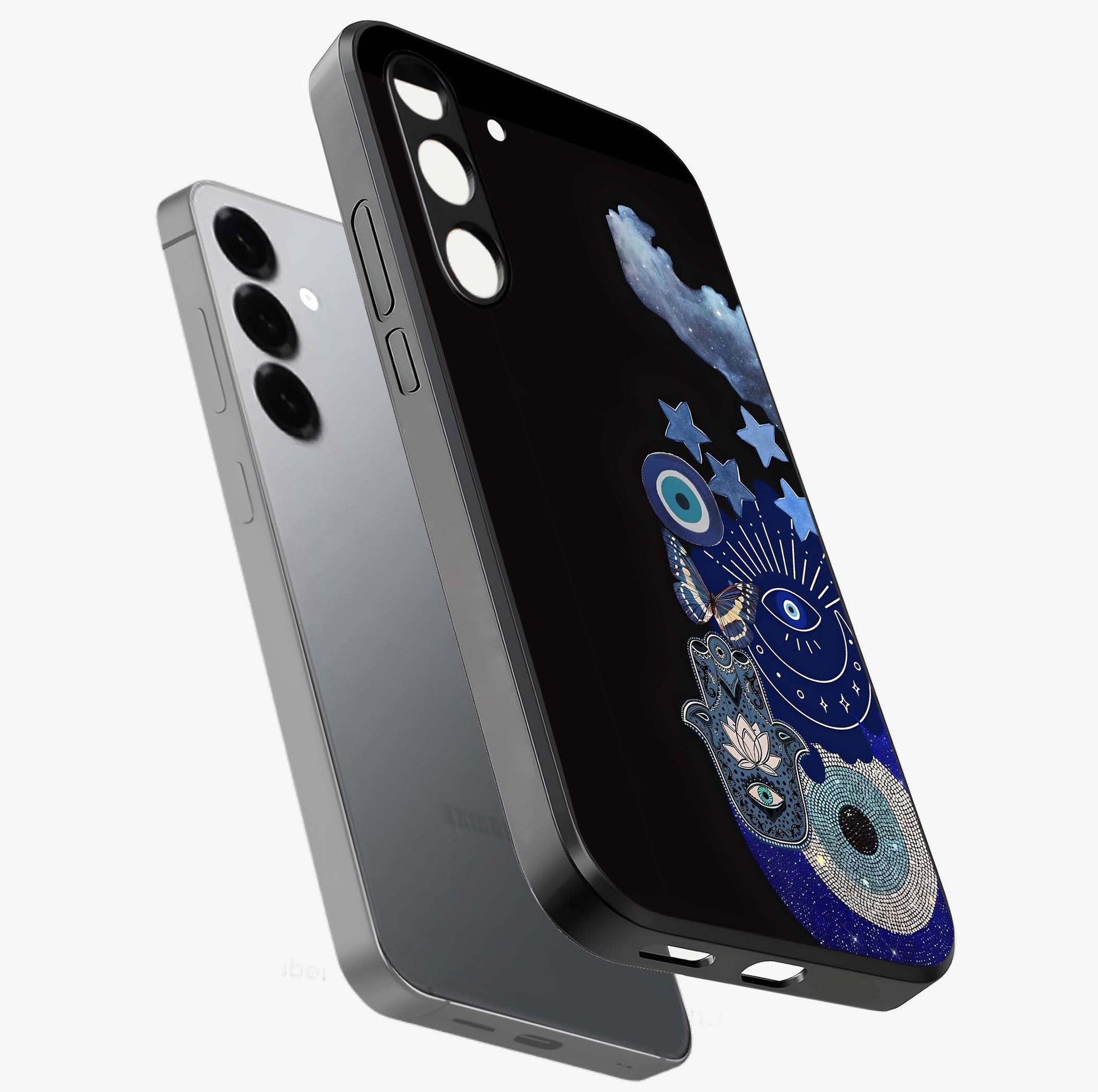 Galactic Charm Cluster Glass Case displayed in angled mockup highlighting luminous galaxy inspired design with dreamy aesthetic.