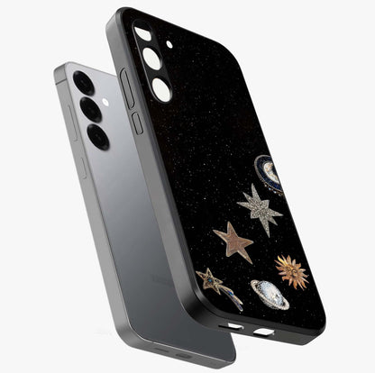 Galactic Charm Glow Glass Case displayed in angled mockup highlighting luminous galaxy inspired design with dreamy aesthetic.