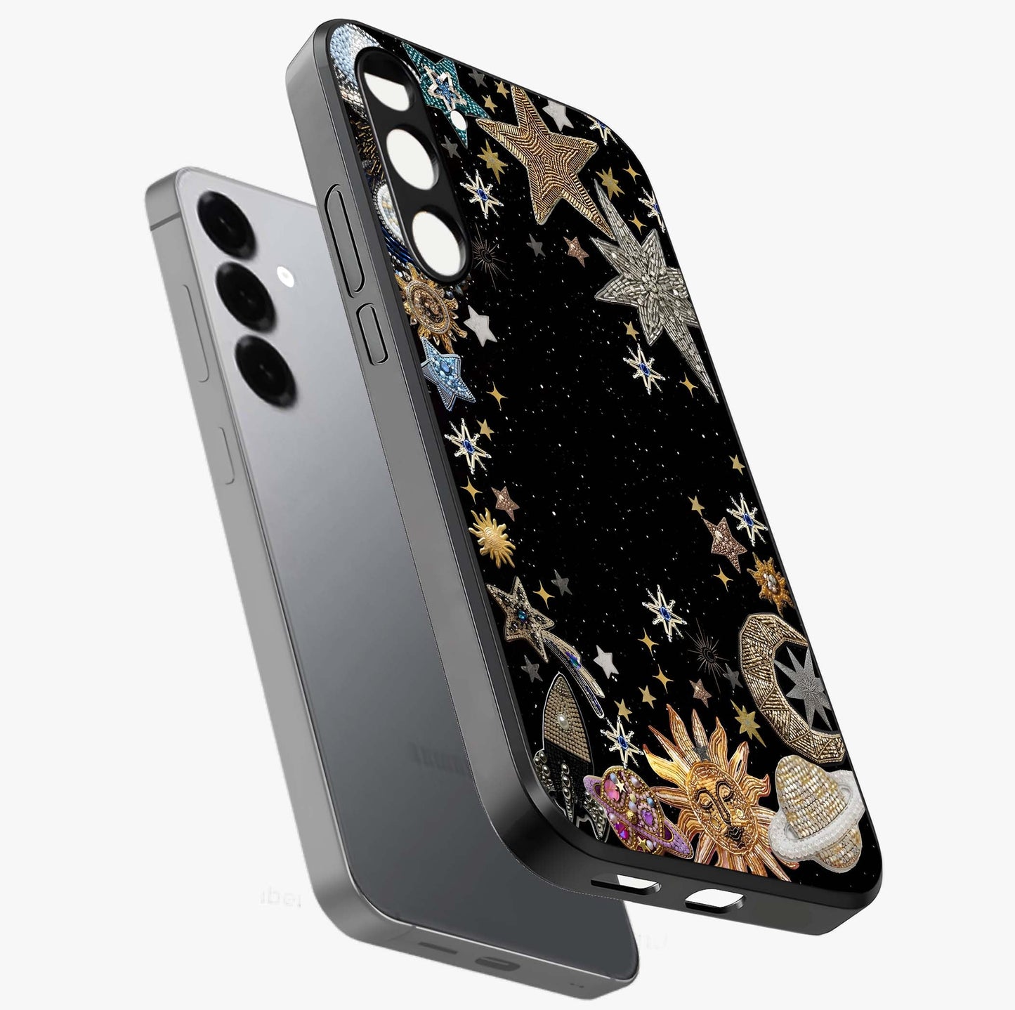 Galactic Jewel Stars Glass Case displayed in angled mockup highlighting shining celestial star design with cosmic aesthetic style.
