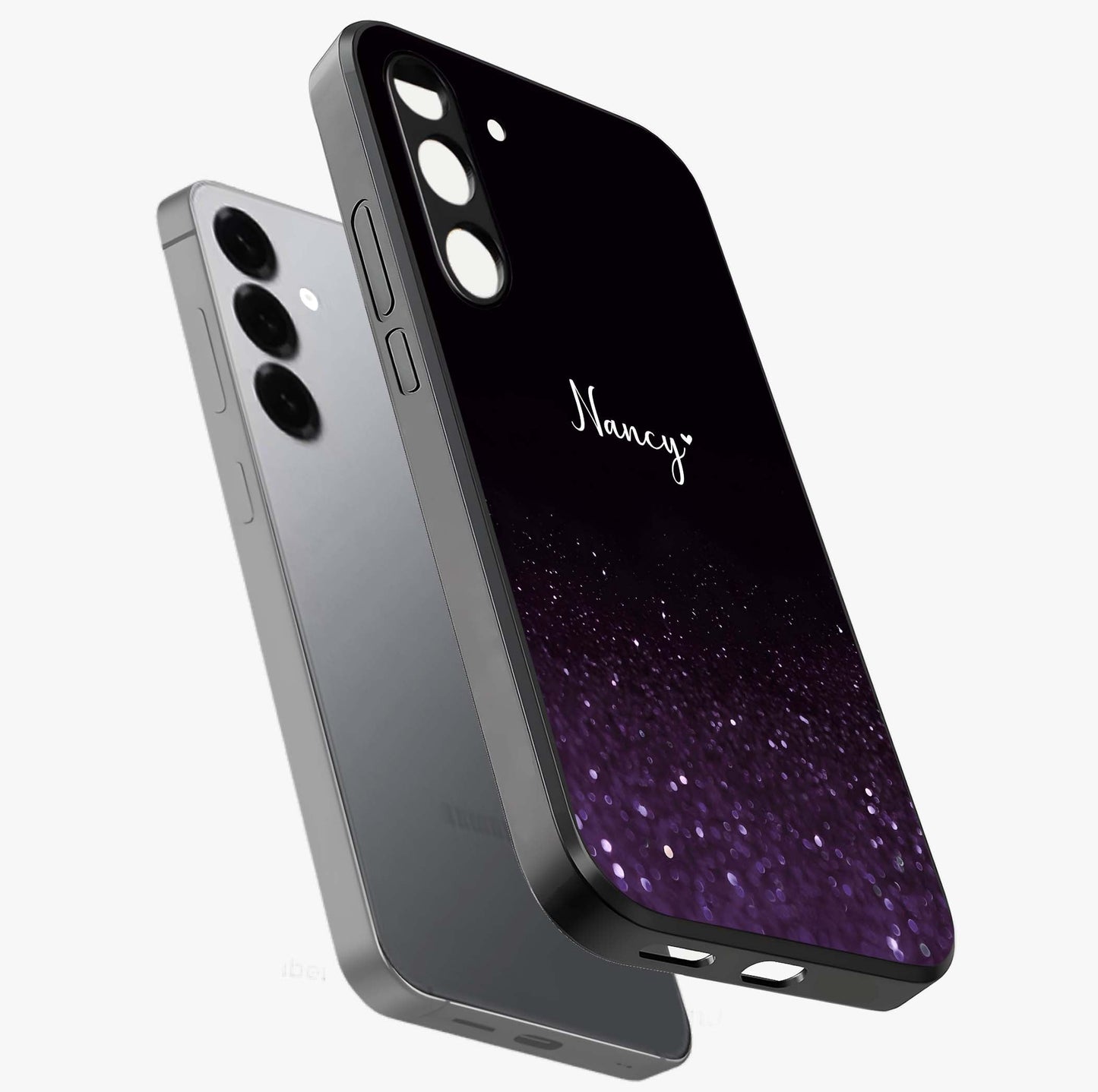 Glittery Purple Bokeh Custom Name Glass Case displayed in angled mockup highlighting glitter bokeh pattern with custom name feature.