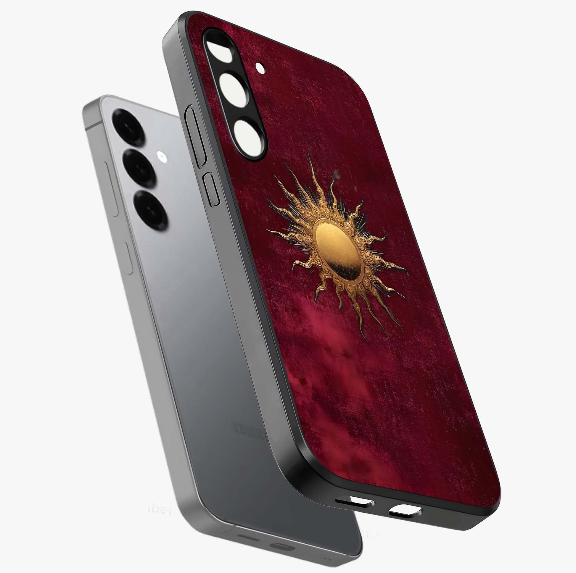 Gold Sun Blush Glass Case displayed in angled mockup highlighting radiant sun design with warm golden aesthetic.