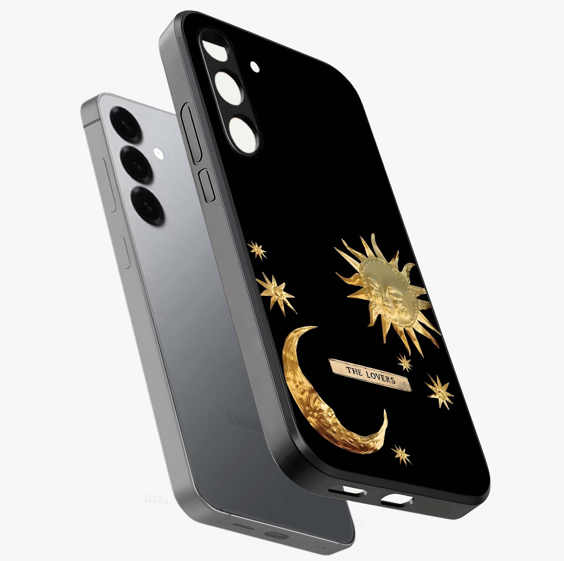 Golden Celestial Charm Glass Case displayed in angled mockup highlighting sparkling cosmic charm design with celestial aesthetic.