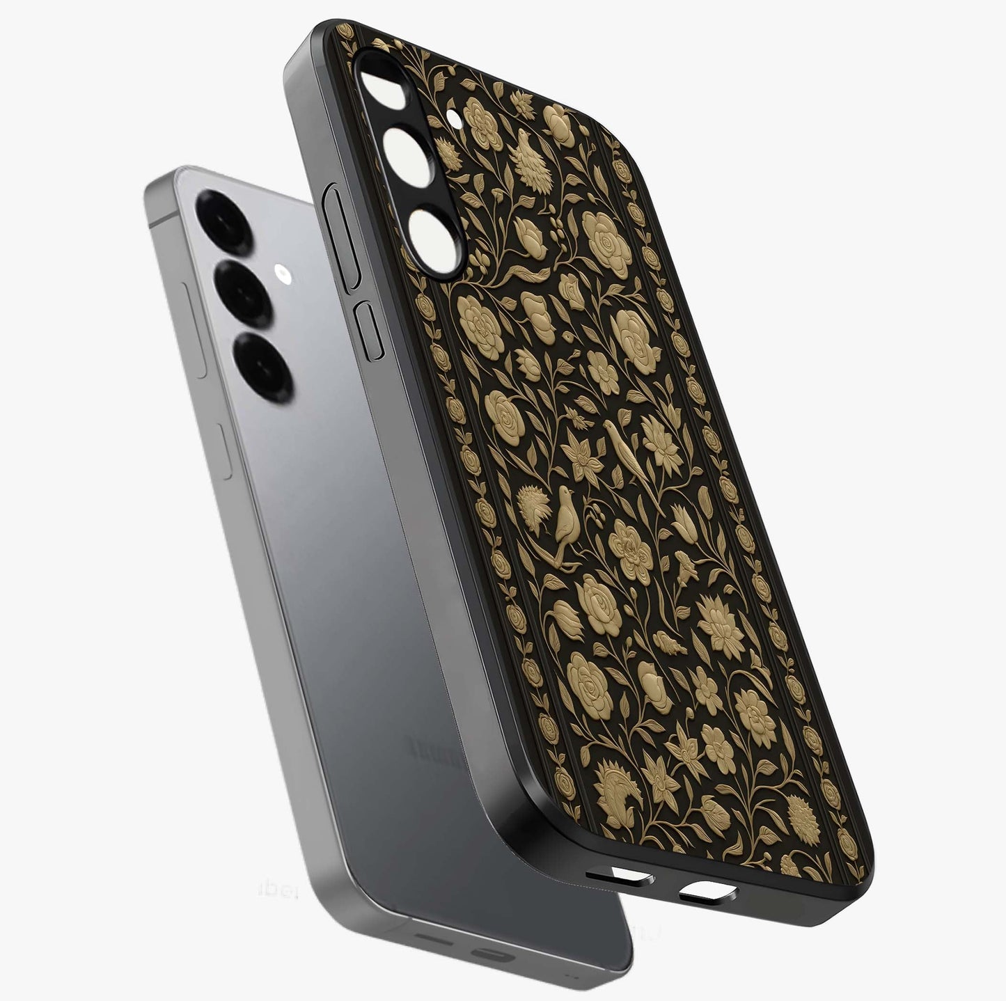 Golden Floral Majesty Glass Case displayed in angled mockup highlighting elegant flower design with royal golden aesthetic.