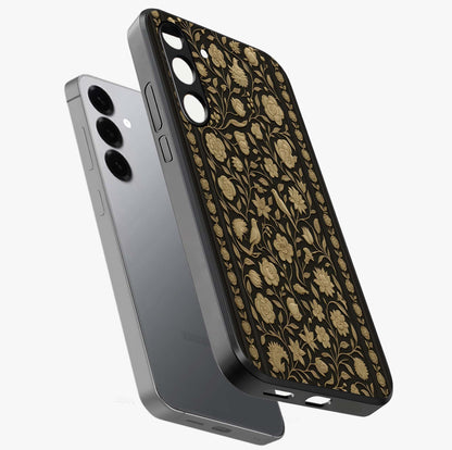 Golden Floral Majesty Glass Case displayed in angled mockup highlighting elegant flower design with royal golden aesthetic.
