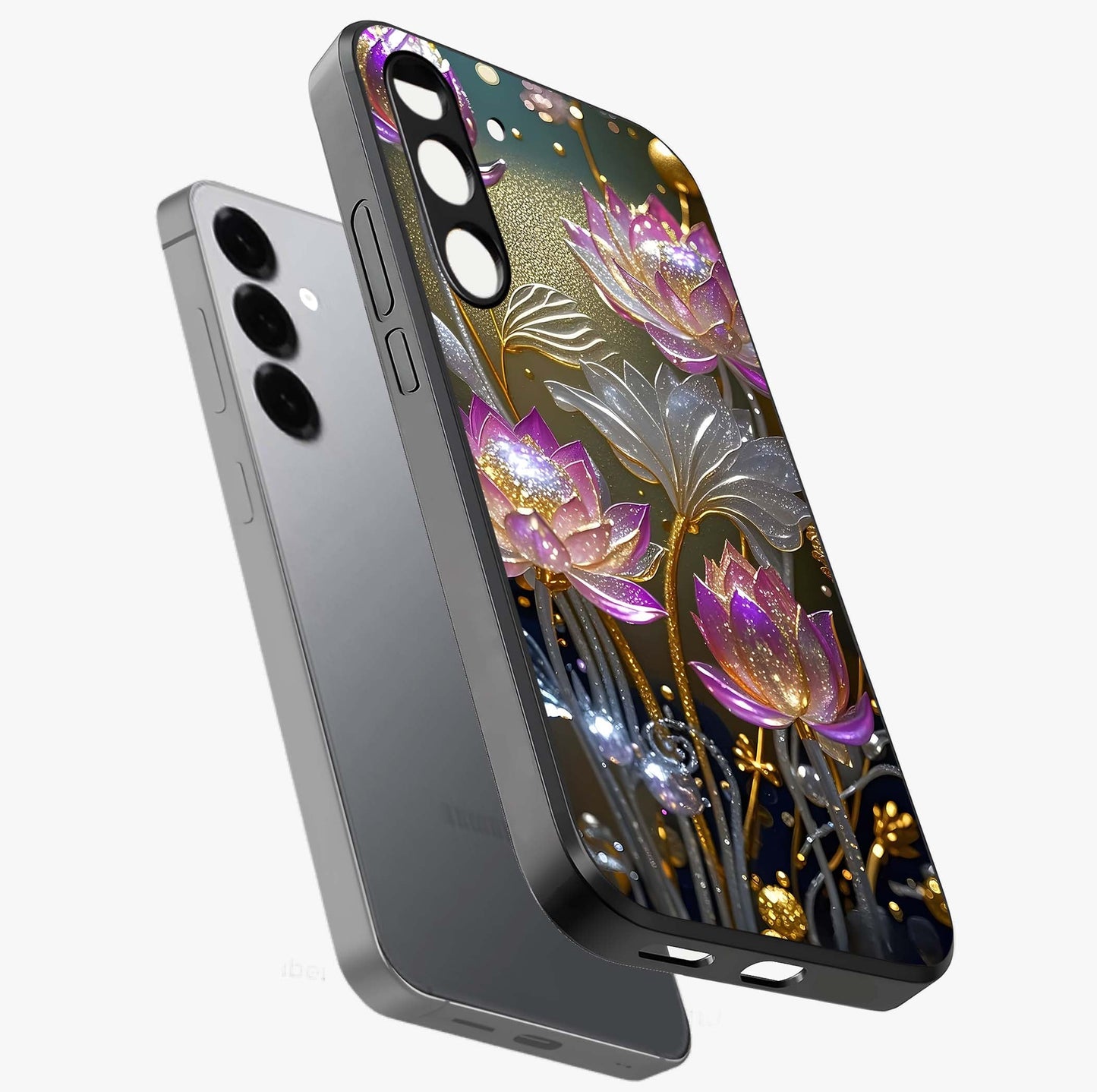 Golden Lotus Glow Glass Case displayed in angled mockup highlighting radiant lotus illustration with spiritual aesthetic.