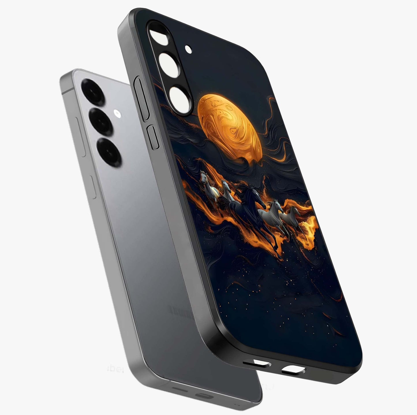 Golden Sun Majesty Glass Case displayed in angled mockup highlighting eerie shadow illustration with gothic aesthetic.
