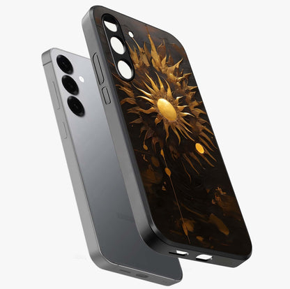 Golden Sun Minimalism Glass Case displayed in angled mockup highlighting eerie shadow illustration with gothic aesthetic.