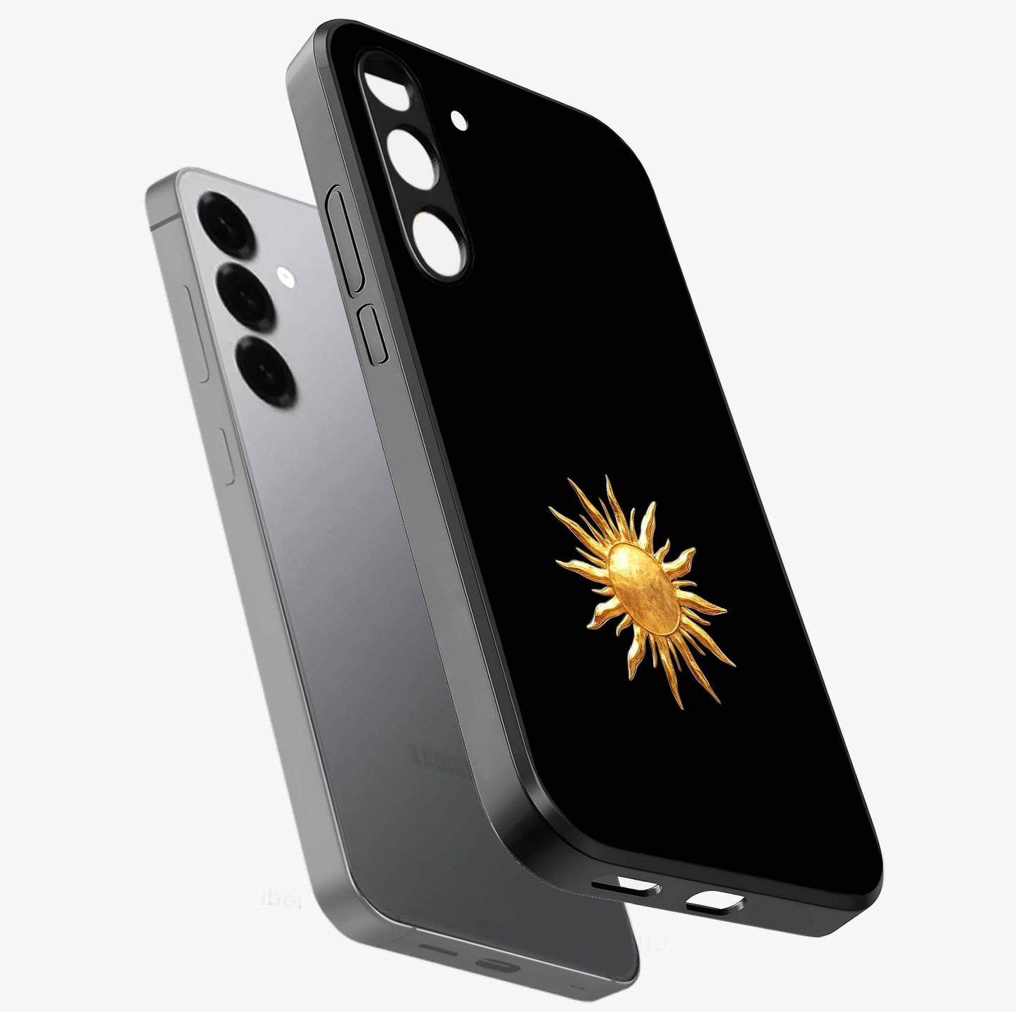 Golden Sun Minimalism Glass Case displayed in angled mockup highlighting clean sun symbol design with modern minimal aesthetic.