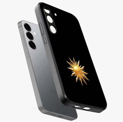Golden Sun Minimalism Glass Case displayed in angled mockup highlighting clean sun symbol design with modern minimal aesthetic.