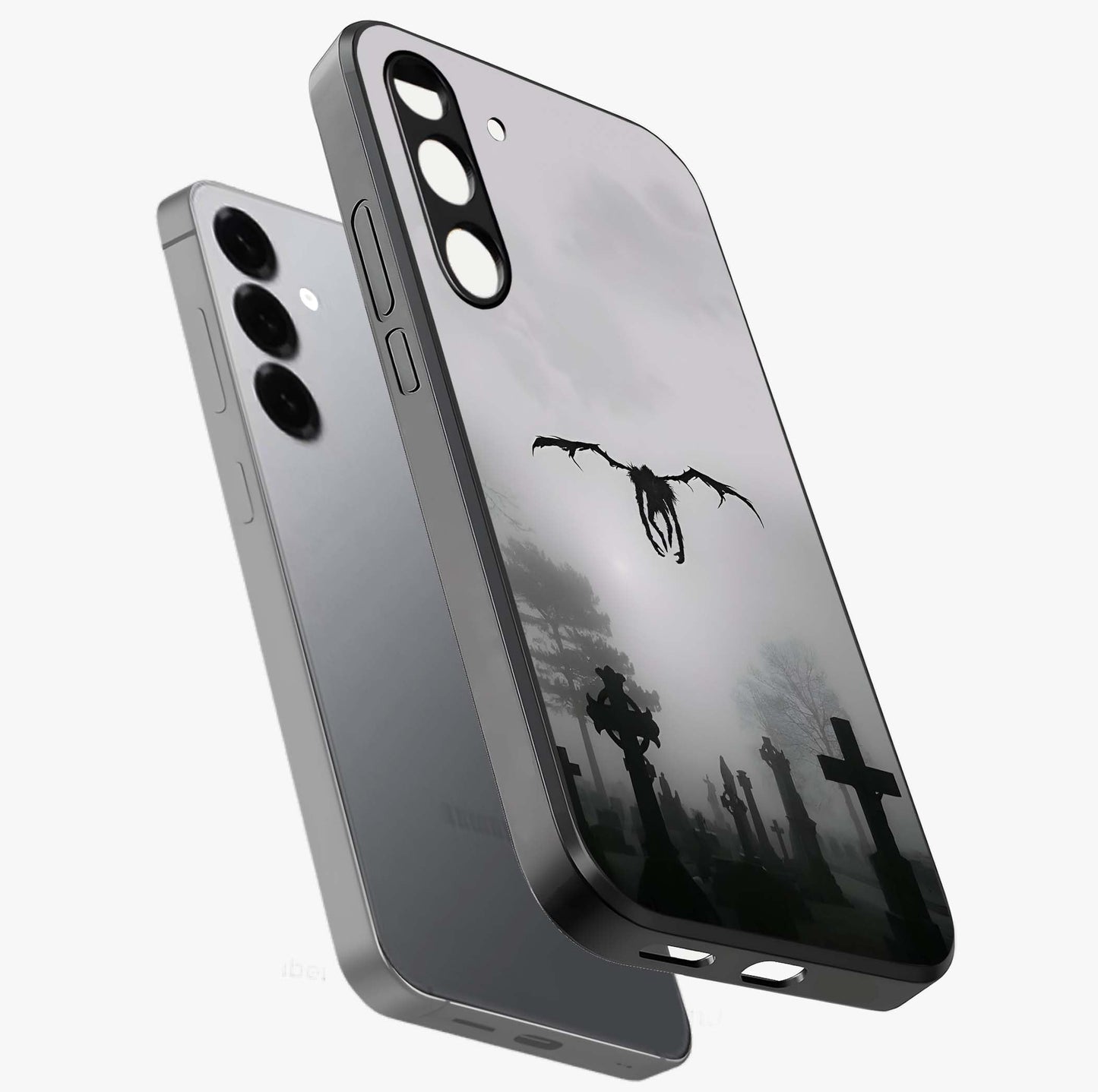 Graveyard Shadow Descent Glass Case displayed in angled mockup highlighting eerie shadow illustration with gothic aesthetic.