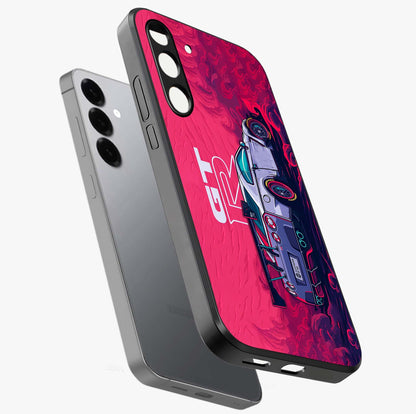GT-R Car Pattern Glass Case displayed in angled mockup highlighting racing car graphic design with bold automotive aesthetic.
