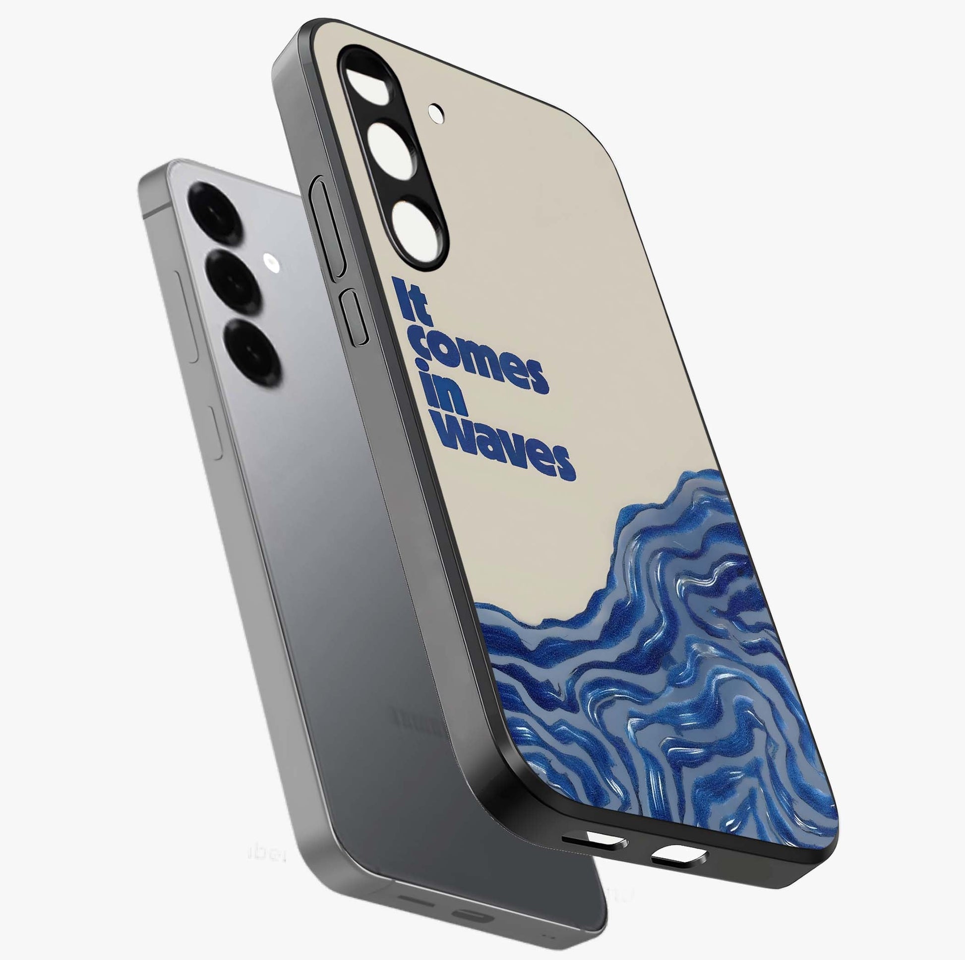 It Comes In Waves Quote Glass Case displayed in angled mockup highlighting ocean wave typography design with aesthetic style.