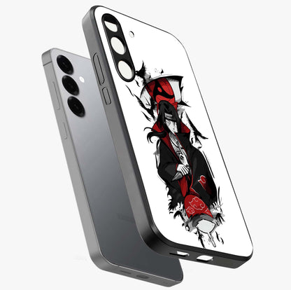 Itachi Sharingan Glass Case displayed in angled mockup highlighting striking sharingan eye design with dramatic anime aesthetic.
