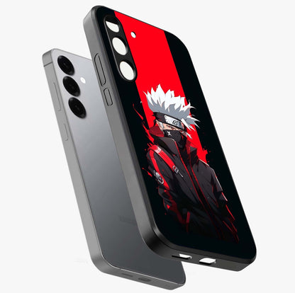 Kakashi Scarlet Shadow Glass Case displayed in angled mockup highlighting dramatic ninja illustration with scarlet themed aesthetic.