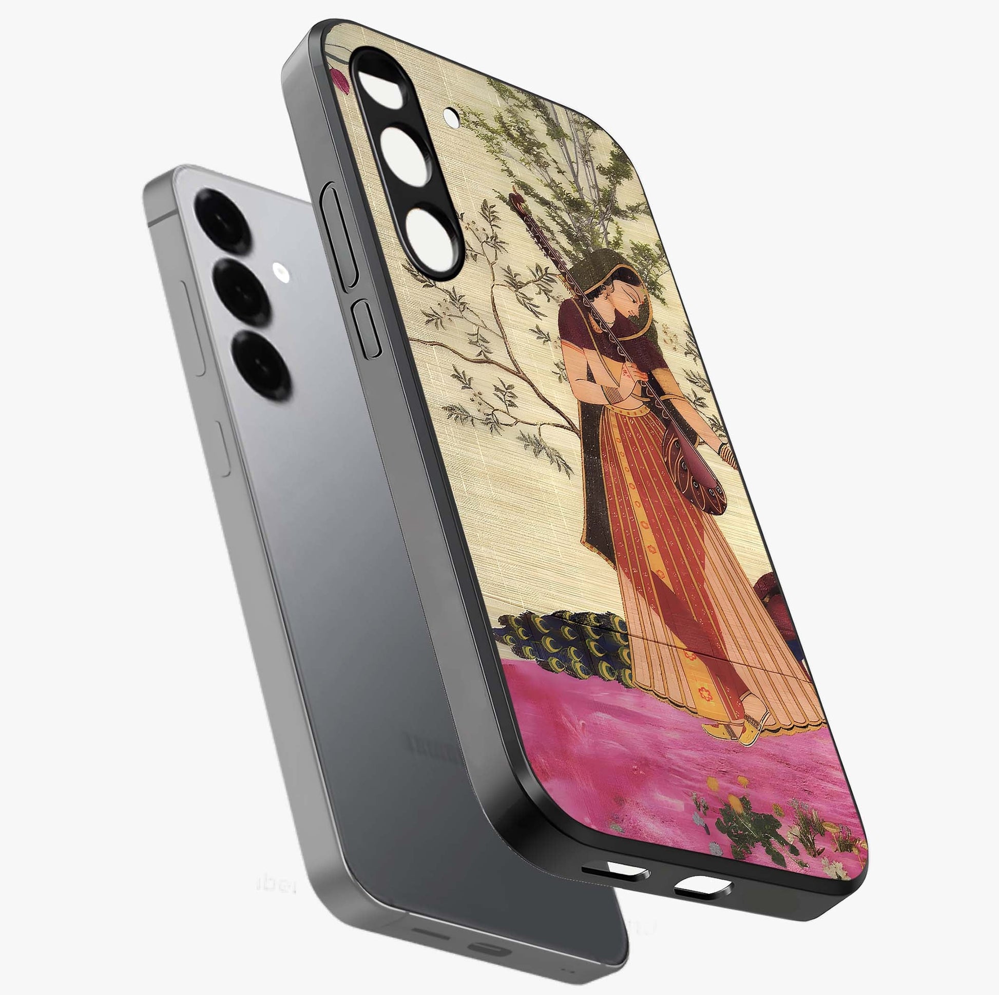 Lady With Veena Art Glass Case displayed in angled mockup highlighting graceful musical illustration with cultural artistic aesthetic.