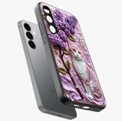 Lavender Cat Whimsy Glass Case displayed in angled mockup highlighting playful feline illustration with pastel lavender aesthetic.