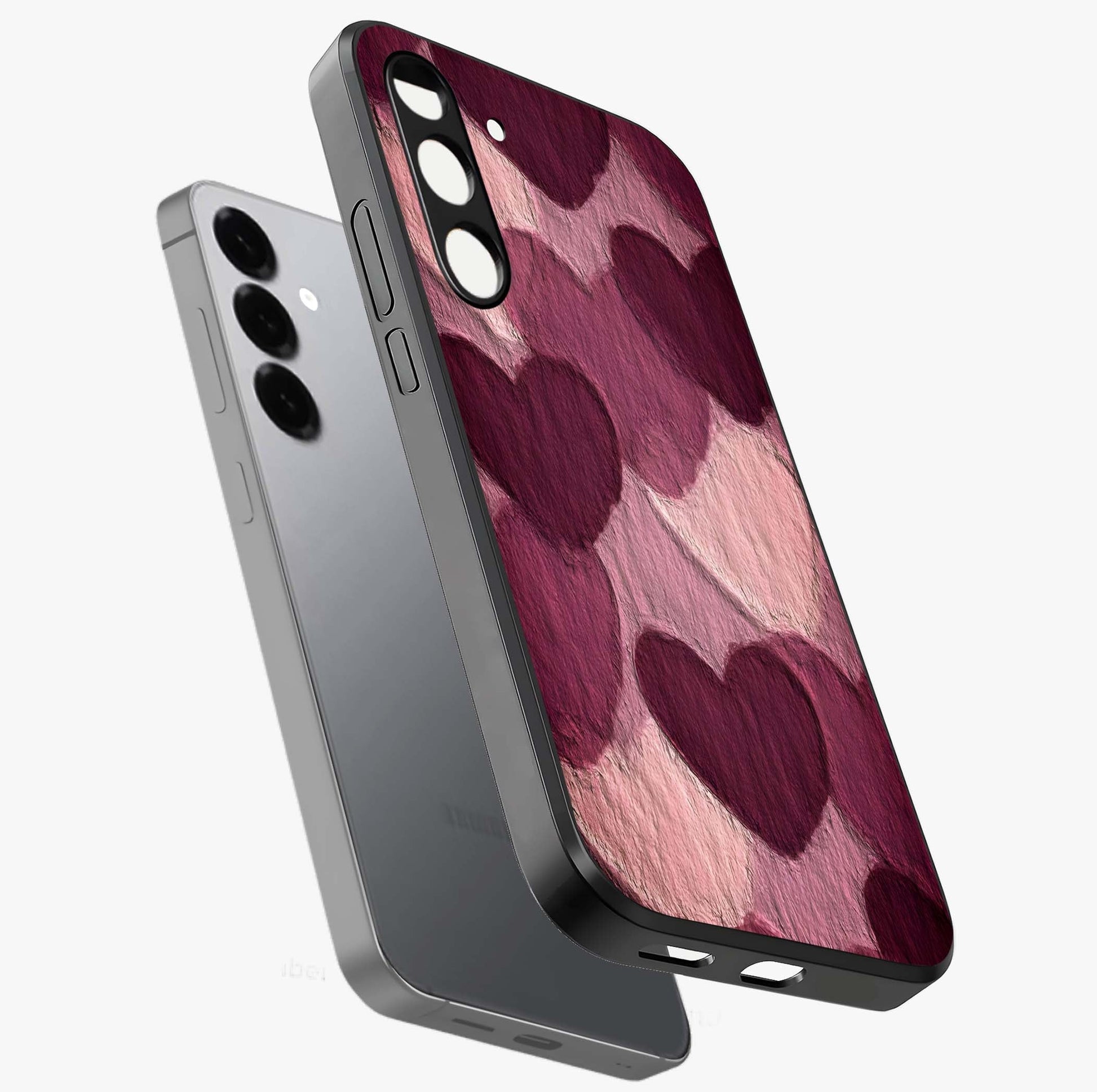 Layered Paper Hearts Glass Case displayed in angled mockup highlighting creative paper craft heart design with romantic aesthetic.