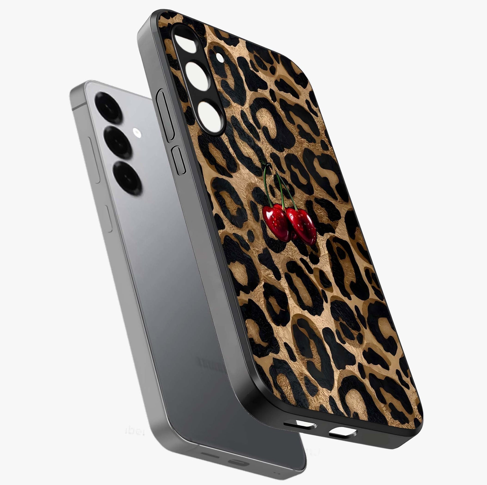 Leopard Wild Cherry Glass Case displayed in angled mockup highlighting bold animal print design with playful cherry aesthetic.
