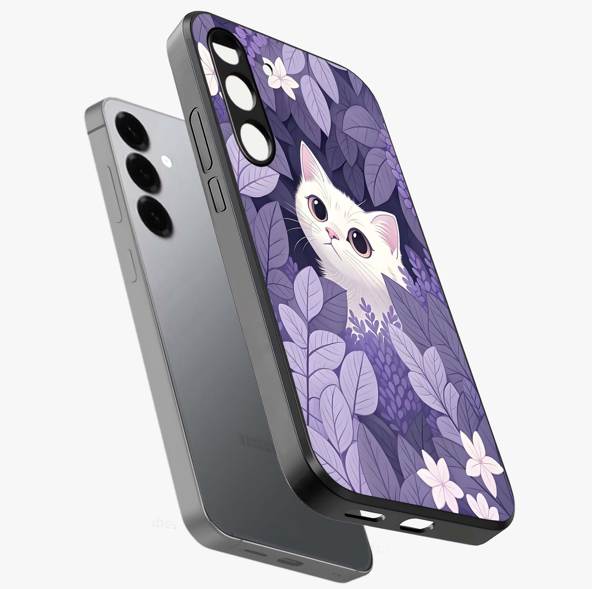 Lilac Hide Peek Cat Glass Case displayed in angled mockup highlighting playful feline illustration with lilac aesthetic design.
