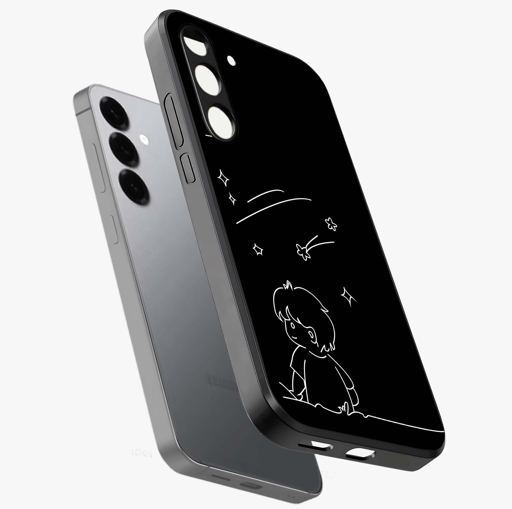 Line Art Boy With Shooting Stars Glass Case displayed in angled mockup highlighting elegant line art design with dreamy star aesthetic.