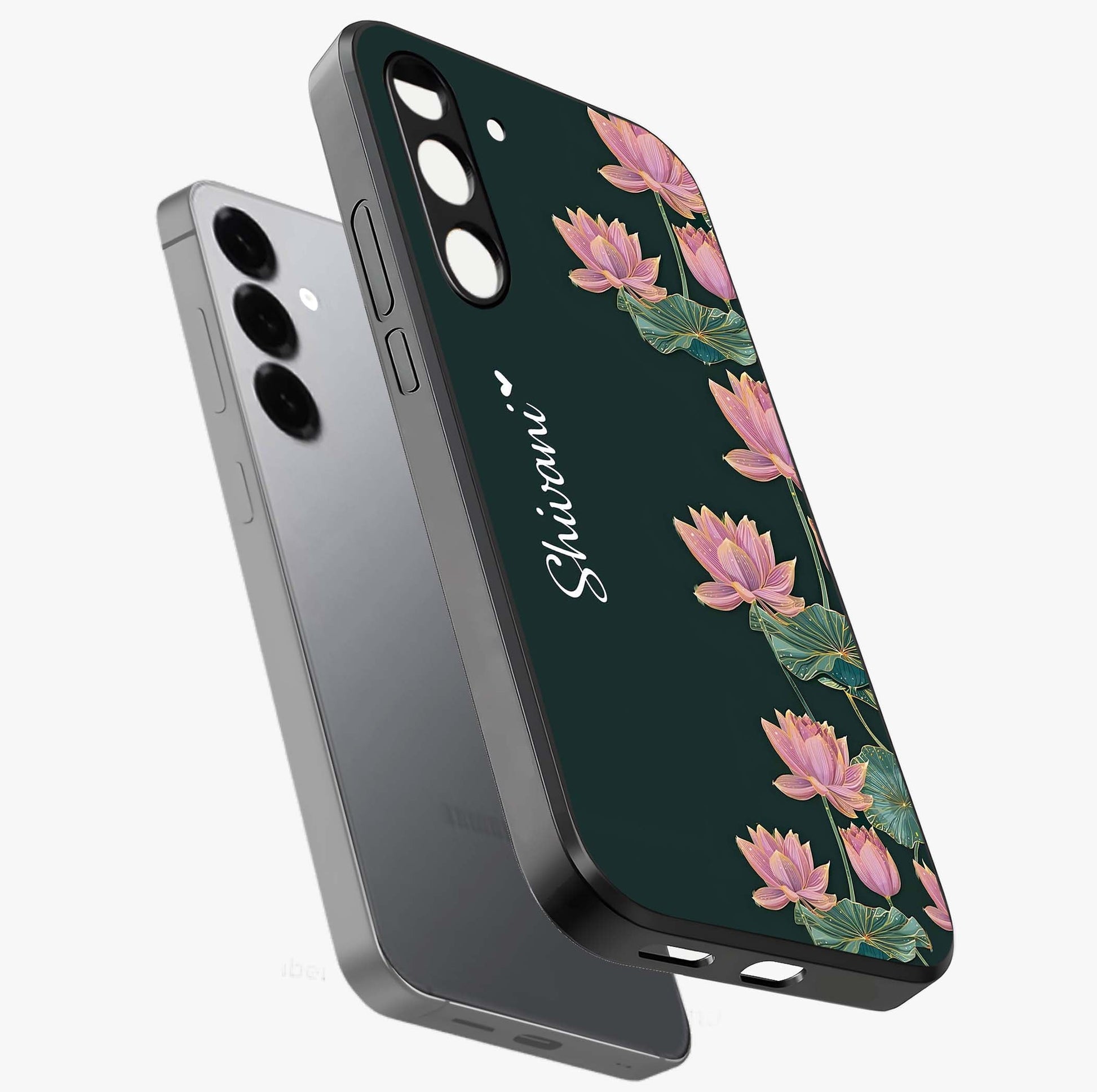 Lotus Bloom Serenity Custom Name Glass Case displayed in angled mockup highlighting graceful lotus illustration with custom name feature.