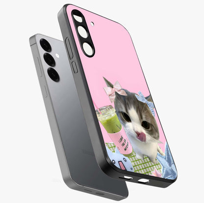 Love Matcha Cat Glass Case displayed in angled mockup highlighting playful feline illustration with cozy matcha aesthetic.