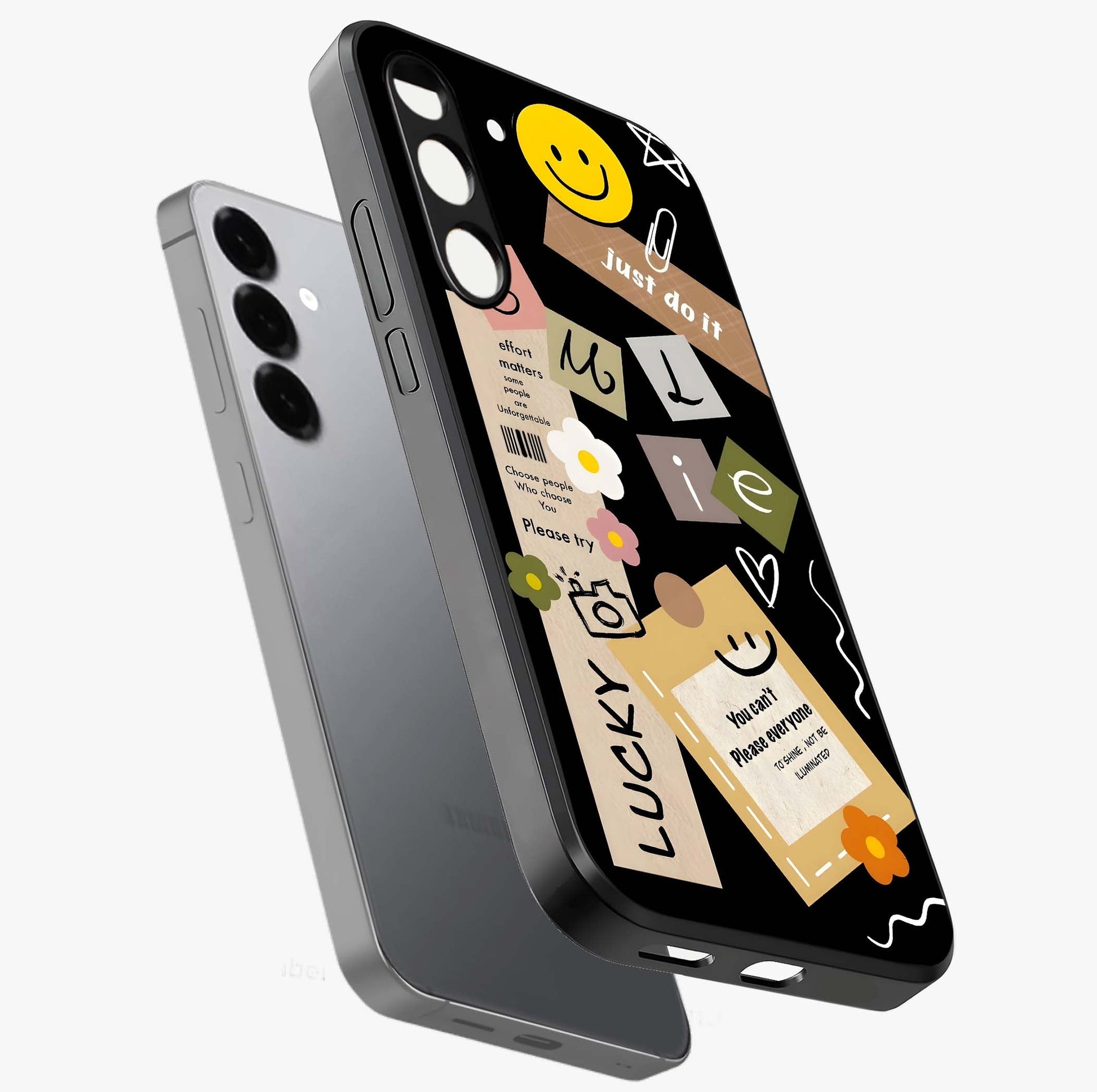 Lucky Aesthetic Collage Glass Case displayed in angled mockup highlighting stylish collage pattern with modern aesthetic vibe.