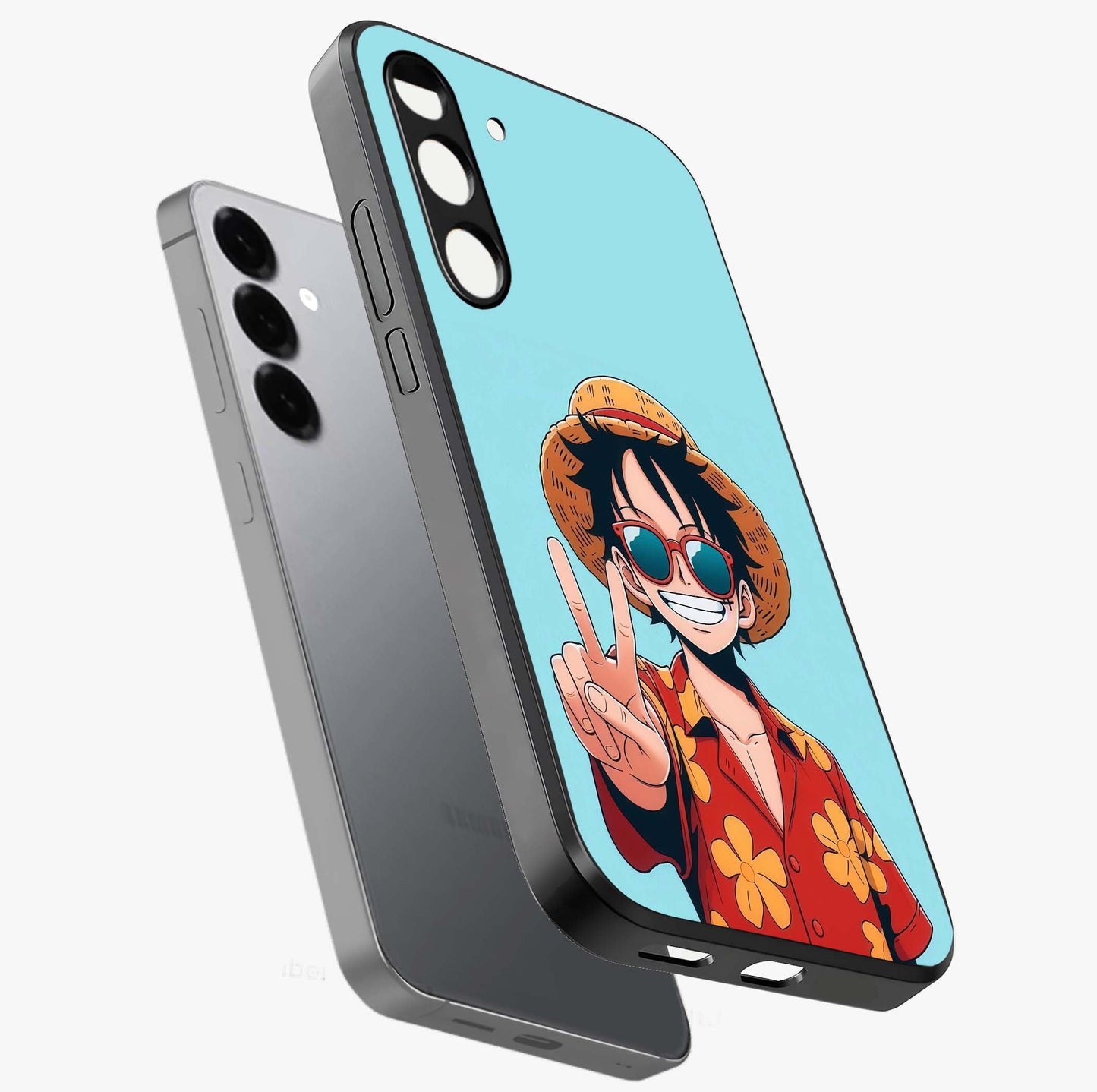 Luffy Summer Anime Vibe Glass Case displayed in angled mockup highlighting energetic anime illustration with summer vibe aesthetic.