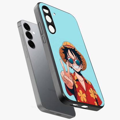 Luffy Summer Anime Vibe Glass Case displayed in angled mockup highlighting energetic anime illustration with summer vibe aesthetic.