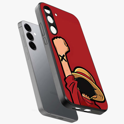 Luffy X Spirit Glass Case displayed in angled mockup highlighting powerful anime design with energetic action aesthetic.