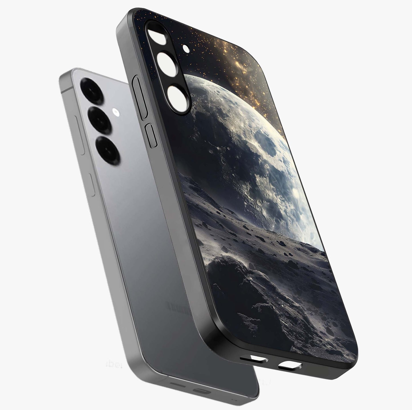 Lunar Horizon Glow Glass Case displayed in angled mockup highlighting celestial moon design with dreamy night aesthetic.