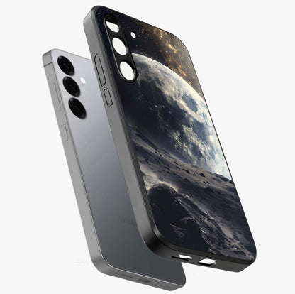 Lunar Horizon Glow Glass Case displayed in angled mockup highlighting celestial moon design with dreamy night aesthetic.