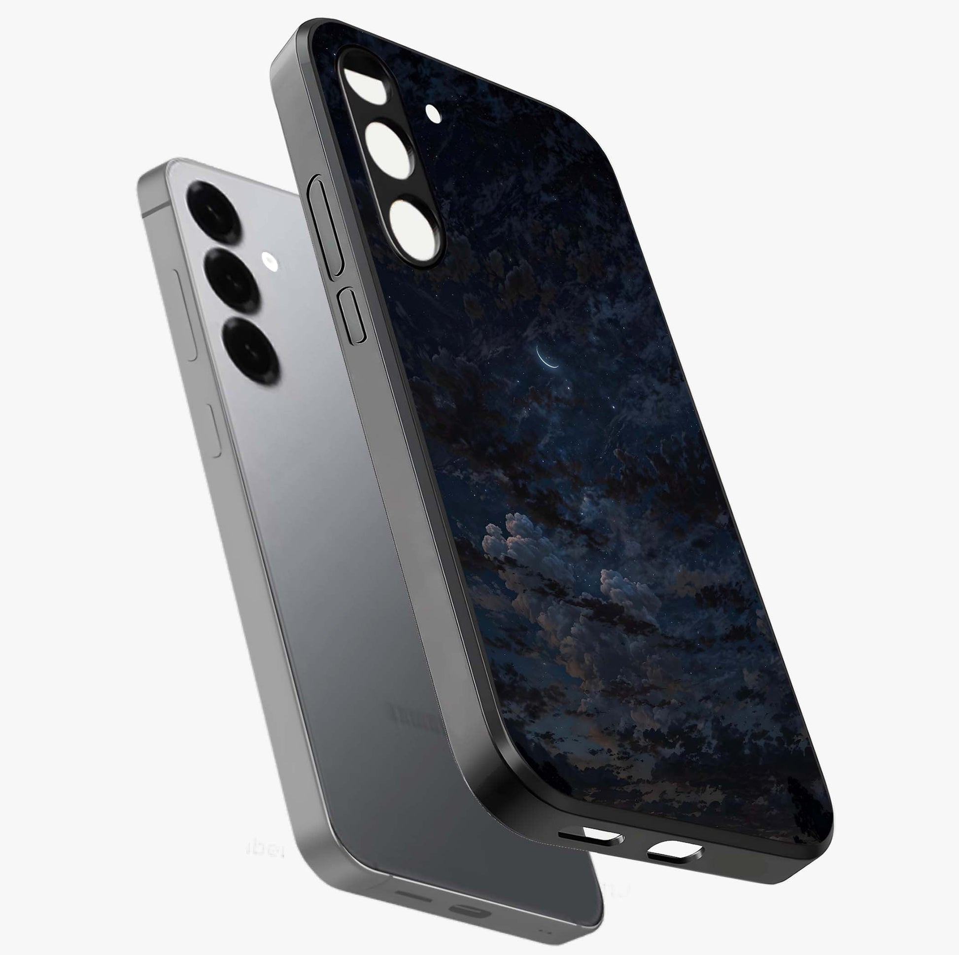Lunar Veil Silence Glass Case displayed in angled mockup highlighting soft lunar design with peaceful celestial aesthetic.