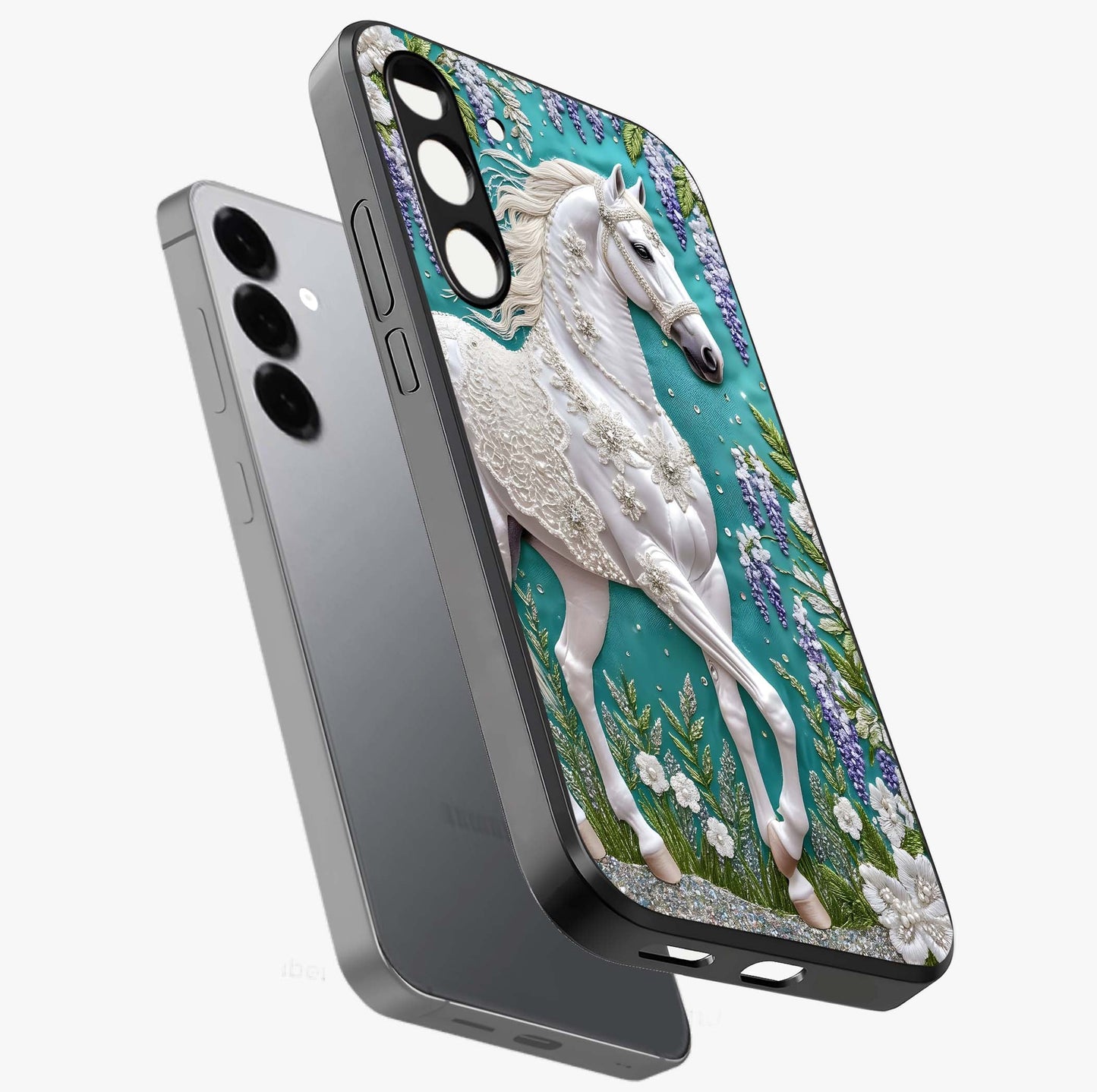 Majestic Floral Stallion Glass Case displayed in angled mockup highlighting majestic stallion illustration with elegant floral aesthetic.