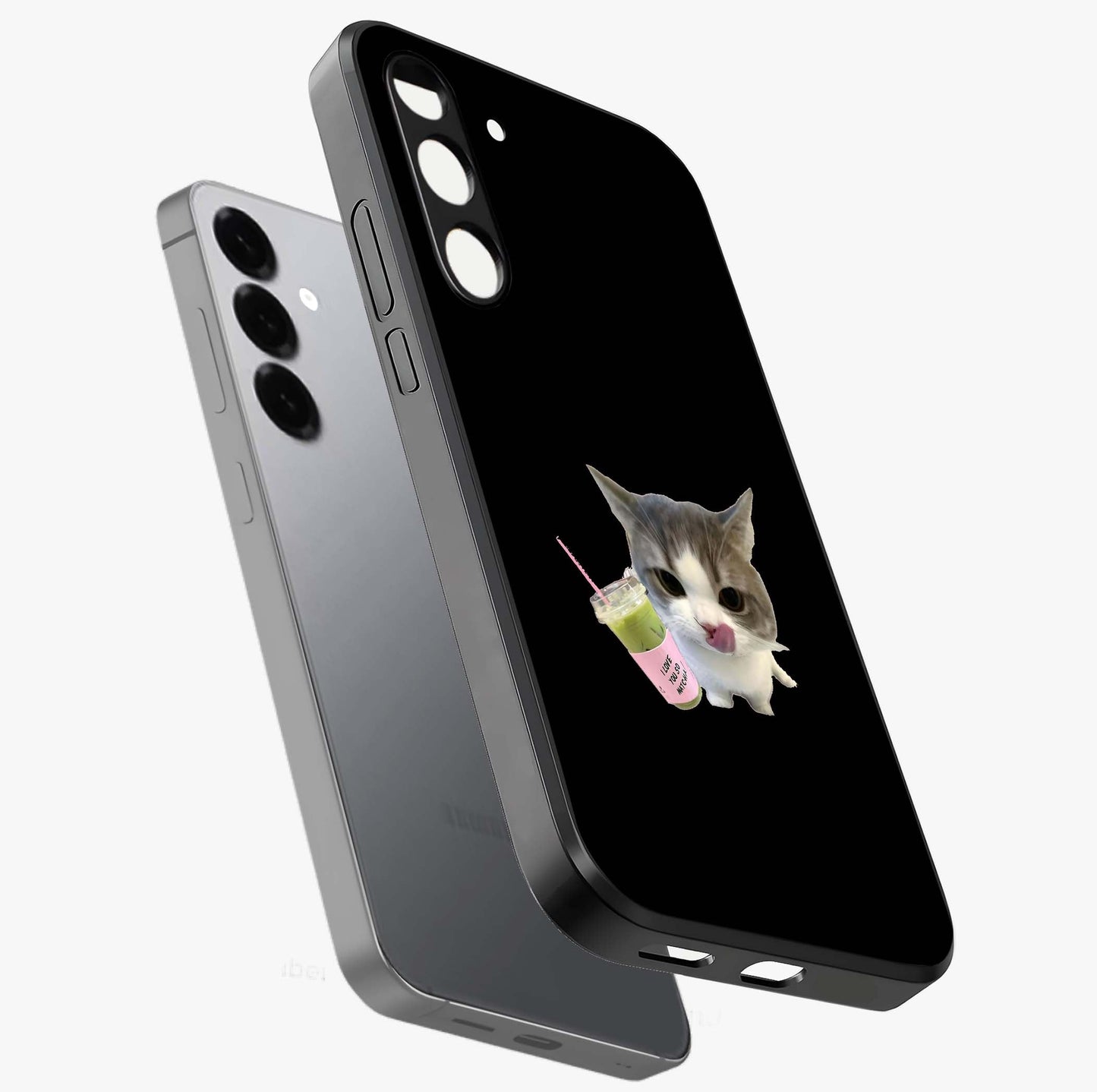 Matcha Cat Style Glass Case displayed in angled mockup highlighting playful feline design with pastel matcha aesthetic.