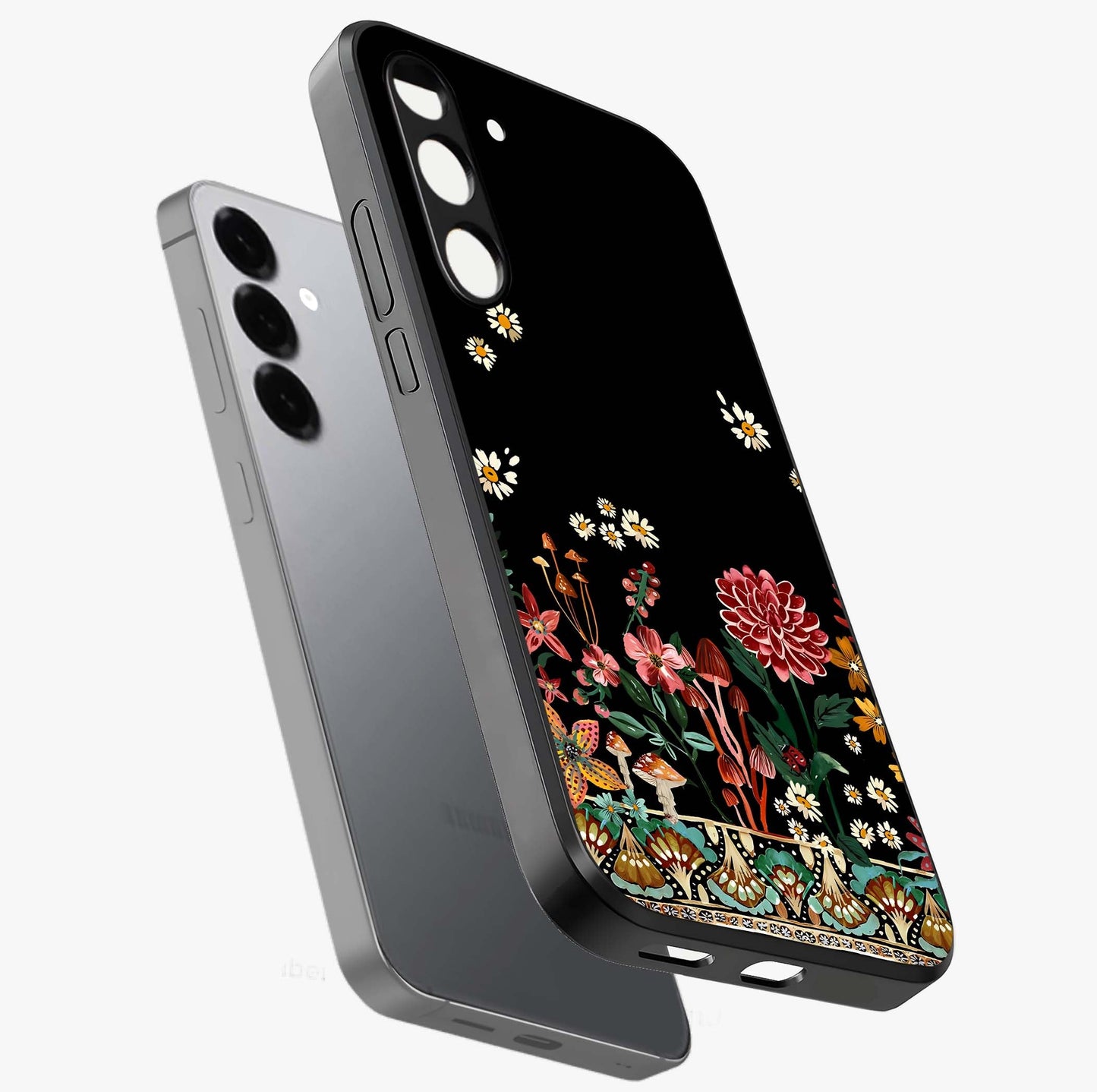 Midnight Bloom Pattern Glass Case displayed in angled mockup highlighting elegant flower design with midnight aesthetic style.