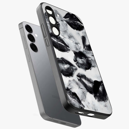 Midnight Kiss Marks Glass Case displayed in angled mockup highlighting playful romantic design with bold midnight aesthetic.